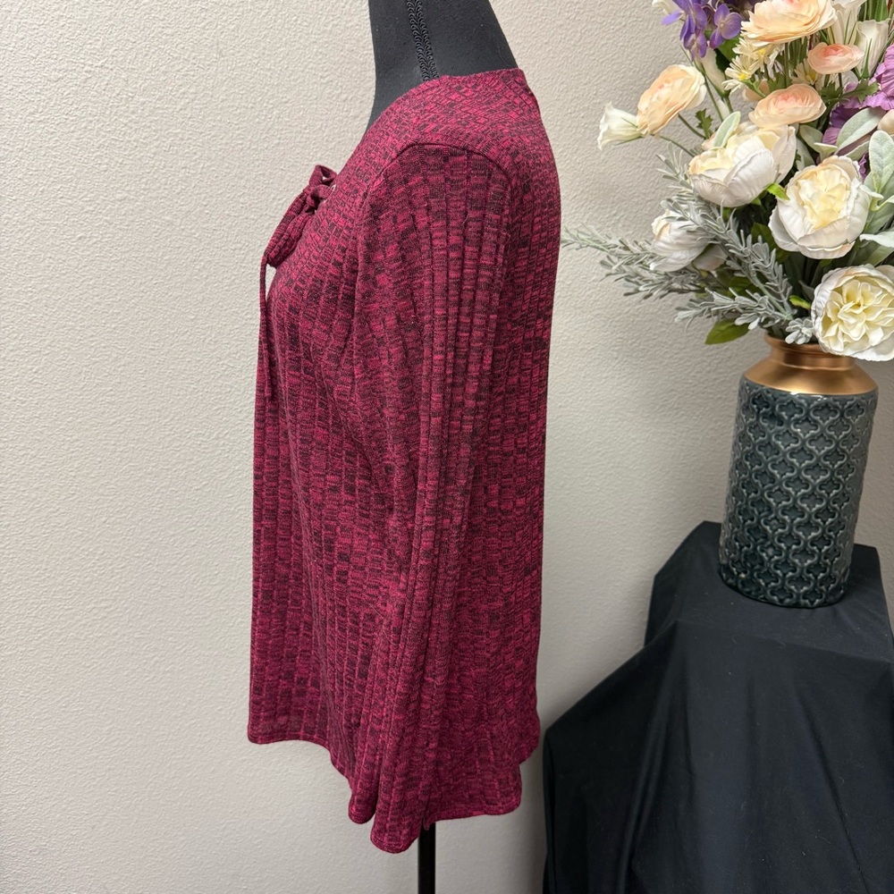 Chenault Burgundy Lace-Up Long Sleeve Textured Knit Top L Fall Winter - Picture 2 of 9